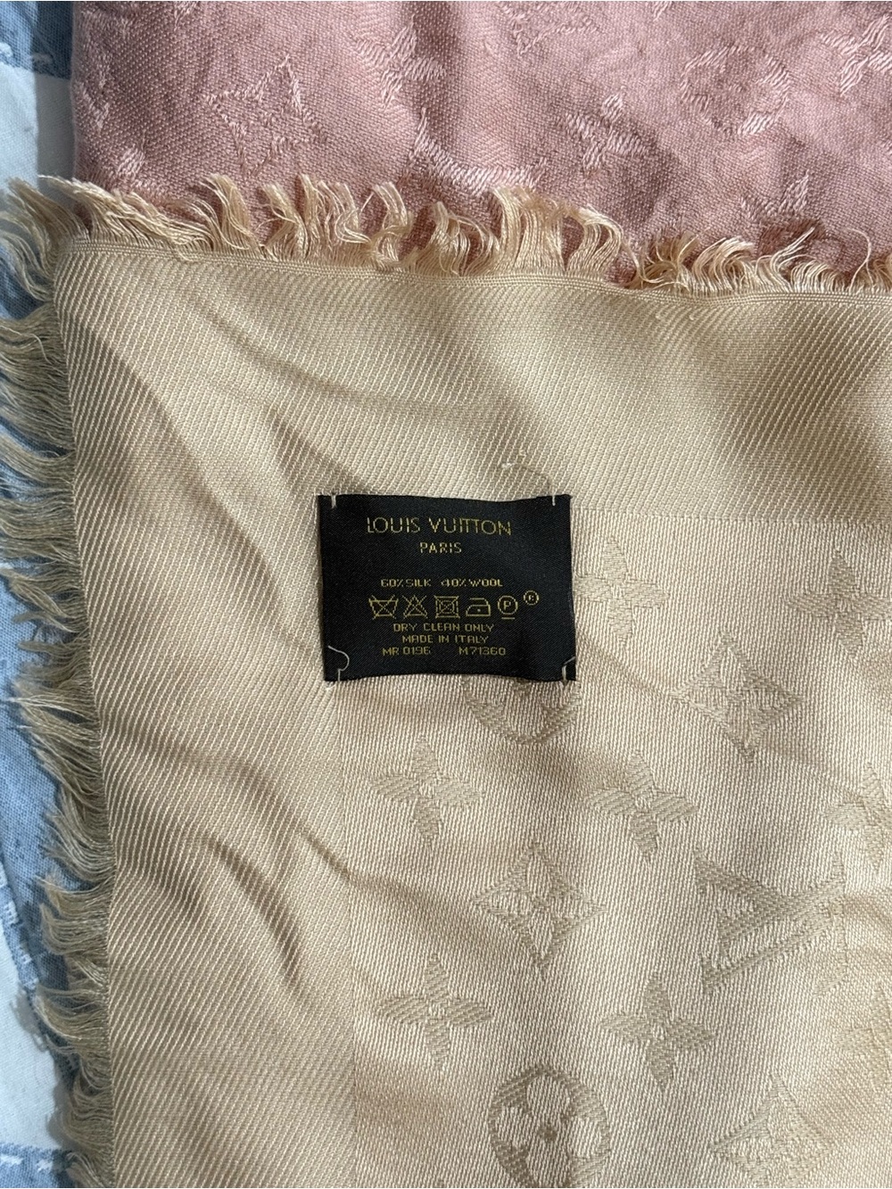 Louis Vuitton Two-Tone Silk-Wool Monogram Shawl Scarf in Pink & Cream